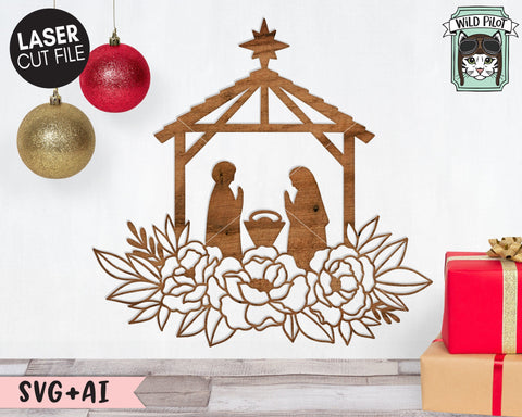 Christmas Laser Cut File, Nativity Laser Cut File, Nativity Floral Laser Cut File, Flower Nativity Cut File, Nativity Silhouette Sign Cut File SVG Wild Pilot 