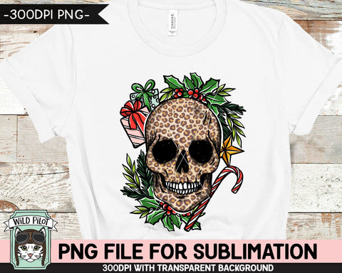 Christmas Leopard Skull SUBLIMATION design PNG, Christmas Skull png, Christmas sublimation download, Skull with Holly png file, Candy Cane png file, Presents png file Sublimation Wild Pilot 