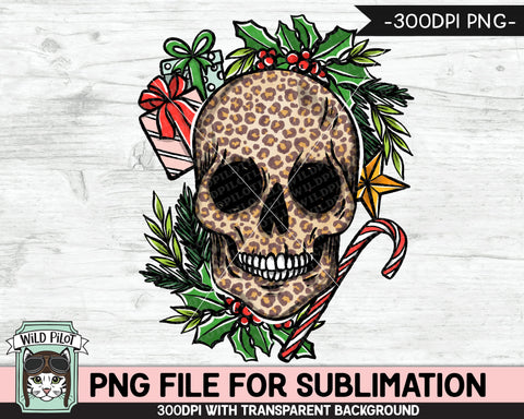 Christmas Leopard Skull SUBLIMATION design PNG, Christmas Skull png, Christmas sublimation download, Skull with Holly png file, Candy Cane png file, Presents png file Sublimation Wild Pilot 