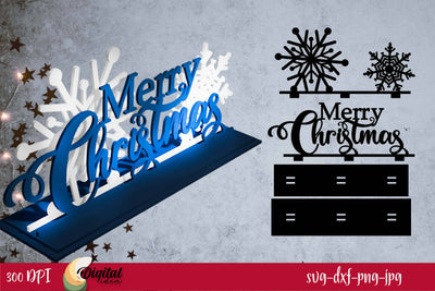 Christmas Letter Stands 3D LaserCut Design. Merry Christmas 3D. Blue Letters. SVG Evgenyia Guschina 