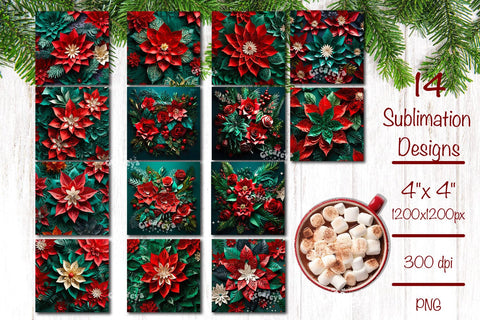 Christmas Magnet Sublimation Bundle Square Magnet design Snowman 3D Snowflake and Flower PNG Sublimation Createya Design 
