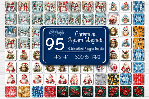 Christmas Magnet Sublimation Bundle Square Magnet design Snowman 3D Snowflake and Flower PNG Sublimation Createya Design 