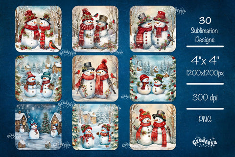 Christmas Magnet Sublimation Bundle Square Magnet design Snowman 3D Snowflake and Flower PNG Sublimation Createya Design 