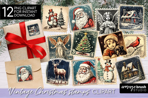 Christmas Mail Stamps Clipart Bundle Santa Mail Sublimation Sublimation OrangeBrushStudio 