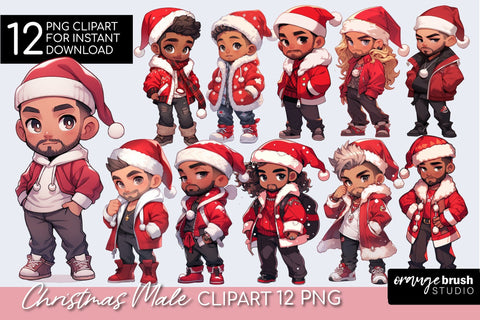 Christmas Male Clipart Bundle, Chibi Men Clipart Sublimation OrangeBrushStudio 