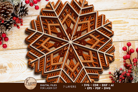 CHRISTMAS MANDALA Multilayer Wood Cut and Paper Cut Template, Home Decoration SVG LaserCutano 