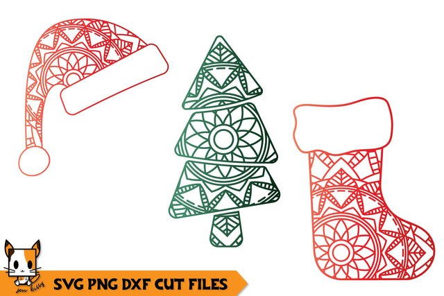 Christmas Mandala Set | Santa Hat, Christmas Tree, Stocking SVG Zen Kitty 