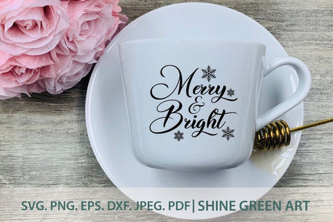Christmas Merry & Bright with Snowflakes SVG Shine Green Art 
