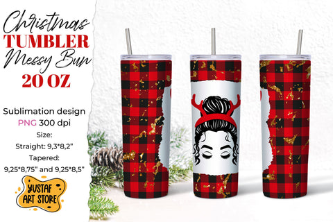 Christmas messy bun deer horns tumbler sublimation design Sublimation Yustaf Art Store 
