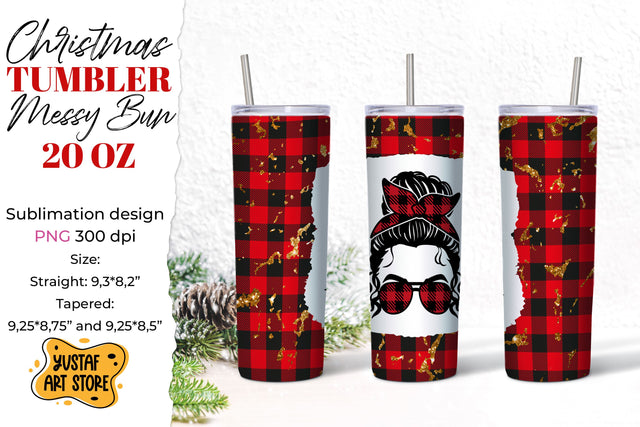 Christmas messy bun tumbler sublimation buffalo plaid design Sublimation Yustaf Art Store 