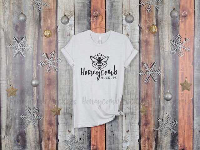 Christmas Mockup, Ash Bella Canvas 3001 T-Shirt Mockup, Hanging Mockup, Women's Ash T-Shirt Mockup, Holiday Mockup Mock Up Photo Honeycomb Mockups 