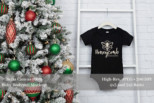Christmas Mockup, Bella Canvas 100B Black Baby Mockup, Baby Bodysuit Mockup Mock Up Photo Honeycomb Mockups 