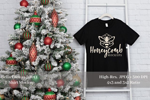 Christmas Mockup, Bella Canvas 3001Y Black Mockup, Kids T-Shirt Mockup Mock Up Photo Honeycomb Mockups 