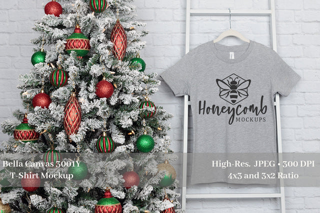 Christmas Mockup, Bella Canvas 3001Y Heather Athletic Mockup, Kids T-Shirt Mockup Mock Up Photo Honeycomb Mockups 