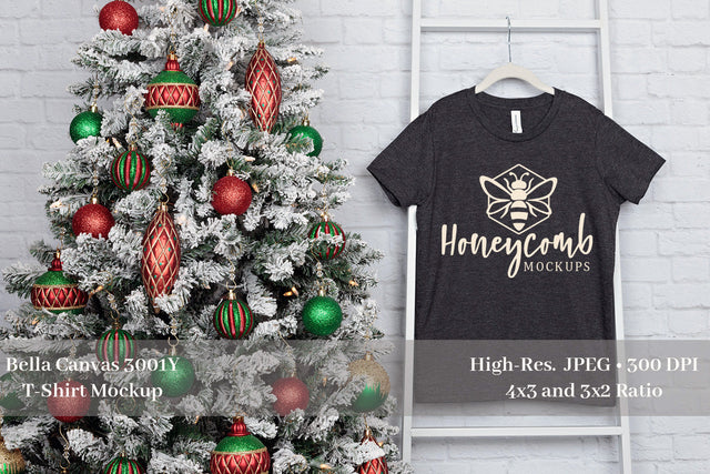 Christmas Mockup, Bella Canvas 3001Y Heather Dark Grey Mockup, Kids T-Shirt Mockup Mock Up Photo Honeycomb Mockups 