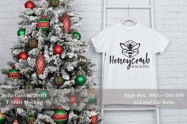 Christmas Mockup, Bella Canvas 3001Y White Mockup, Kids T-Shirt Mockup Mock Up Photo Honeycomb Mockups 