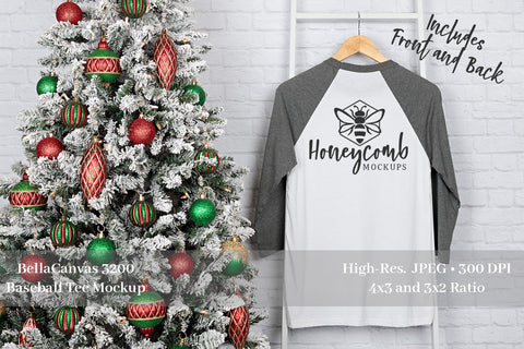 Christmas Mockup, Bella Canvas 3200 Deep Heather/White Raglan Mockup, Front and Back Mockup Mock Up Photo Honeycomb Mockups 