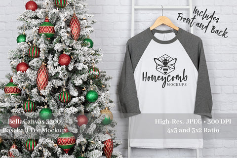 Christmas Mockup, Bella Canvas 3200 Deep Heather/White Raglan Mockup, Front and Back Mockup Mock Up Photo Honeycomb Mockups 