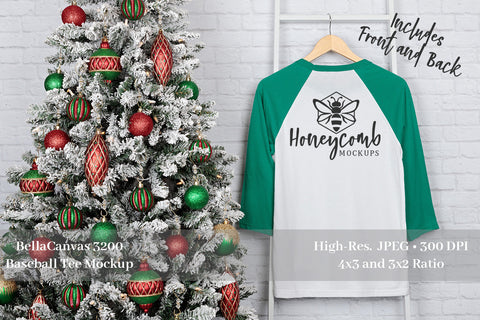 Christmas Mockup, Bella Canvas 3200 Kelly/White Raglan Mockup, Front and Back Mockup Mock Up Photo Honeycomb Mockups 