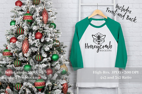 Christmas Mockup, Bella Canvas 3200 Kelly/White Raglan Mockup, Front and Back Mockup Mock Up Photo Honeycomb Mockups 