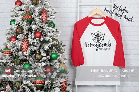 Christmas Mockup, Bella Canvas 3200 Red/White Raglan Mockup, Front and Back Mockup Mock Up Photo Honeycomb Mockups 