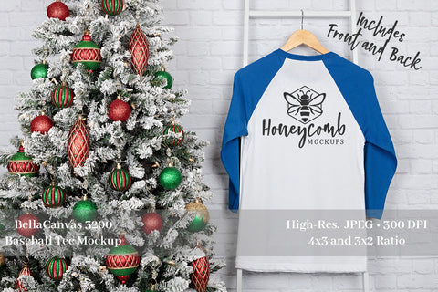 Christmas Mockup, Bella Canvas 3200 True Royal/White Raglan Mockup, Front and Back Mockup Mock Up Photo Honeycomb Mockups 