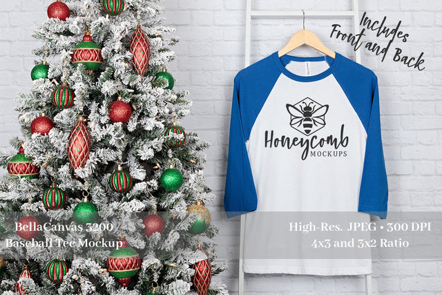 Christmas Mockup, Bella Canvas 3200 True Royal/White Raglan Mockup, Front and Back Mockup Mock Up Photo Honeycomb Mockups 