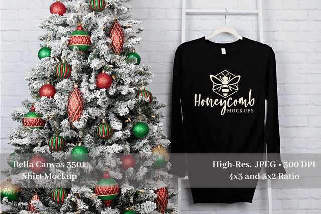 Christmas Mockup, Bella Canvas 3501 Black Mockup, Women's Long Sleeve Mockup Mock Up Photo Honeycomb Mockups 