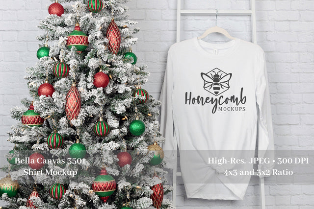 Christmas Mockup, Bella Canvas 3501 White Mockup, Women's Long Sleeve Mockup Mock Up Photo Honeycomb Mockups 