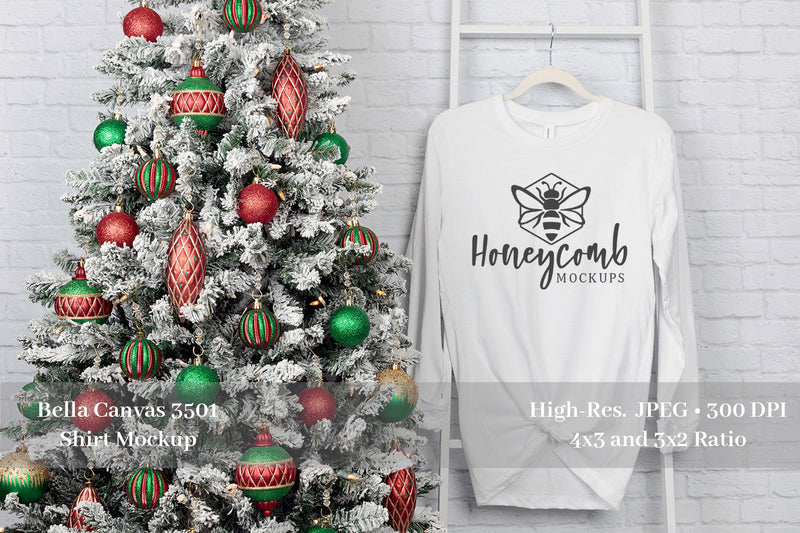 Christmas Mockup, Bella Canvas 3501 White Mockup, Women's Long Sleeve Mockup Mock Up Photo Honeycomb Mockups 