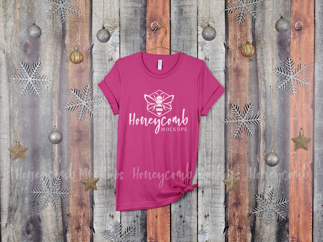 Christmas Mockup, Berry Bella Canvas 3001 T-Shirt Mockup, Hanging Mockup, Women's Berry T-Shirt Mockup, Holiday Mockup Mock Up Photo Honeycomb Mockups 