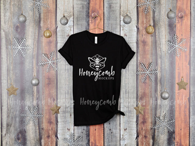 Christmas Mockup, Black Bella Canvas 3001 T-Shirt Mockup, Hanging Mockup, Women's Black T-Shirt Mockup, Holiday Mockup Mock Up Photo Honeycomb Mockups 
