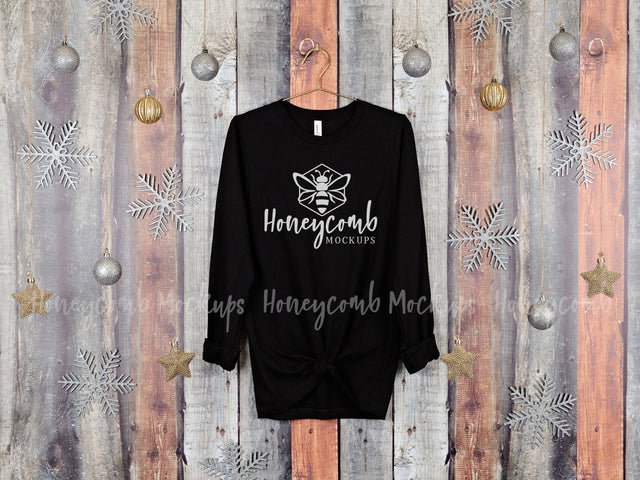 Christmas Mockup, Black Bella Canvas 3501 Mockup, Hanging Mockup, Holiday Mockup, Long Sleeve Mockup Mock Up Photo Honeycomb Mockups 