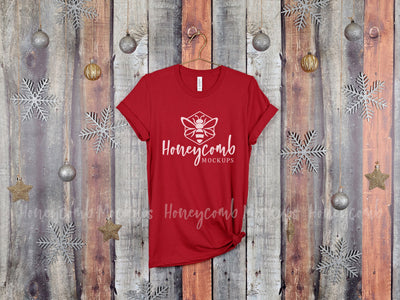 Christmas Mockup, Canvas Red Bella Canvas 3001 T-Shirt Mockup, Hanging Mockup, Women's Canvas Red T-Shirt Mockup, Holiday Mockup Mock Up Photo Honeycomb Mockups 