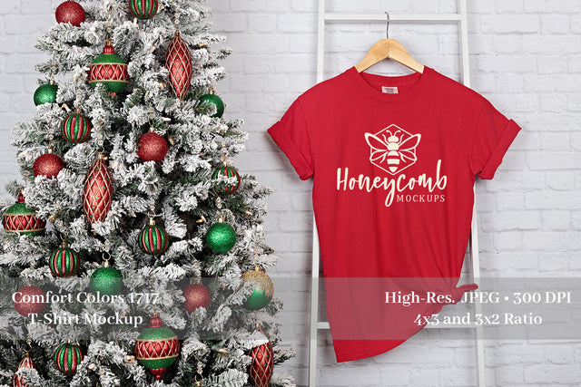 Christmas Mockup, Comfort Colors 1717 Red T-Shirt Mockup, Women's T-Shirt Mockup Mock Up Photo Honeycomb Mockups 