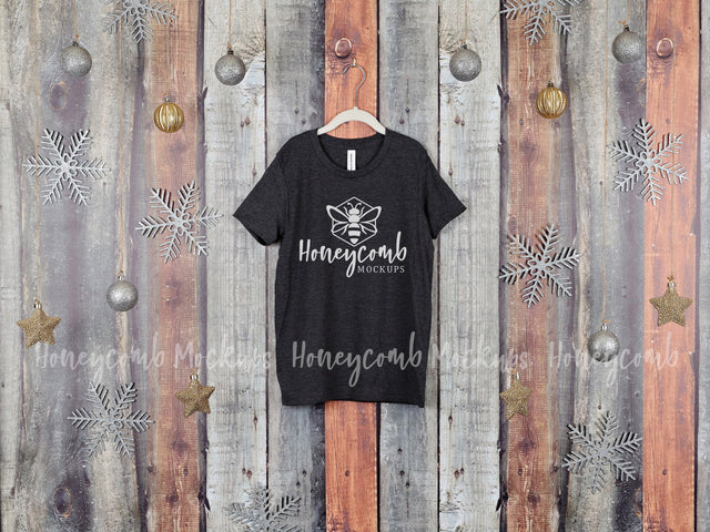 Christmas Mockup, Dark Heather Grey Bella Canvas 3001Y T-Shirt Mockup, Holiday Mockup, Hanging Mockup, Kids Grey T-Shirt Mockup Mock Up Photo Honeycomb Mockups 