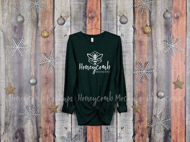 Christmas Mockup, Emerald Triblend Bella Canvas 3501 Mockup, Hanging Mockup, Holiday Mockup, Long Sleeve Mockup Mock Up Photo Honeycomb Mockups 