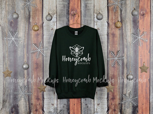 Christmas Mockup, Gildan 18000 Forest Green Sweatshirt Mockup, Hanging Mockup, Holiday Mockup Mock Up Photo Honeycomb Mockups 