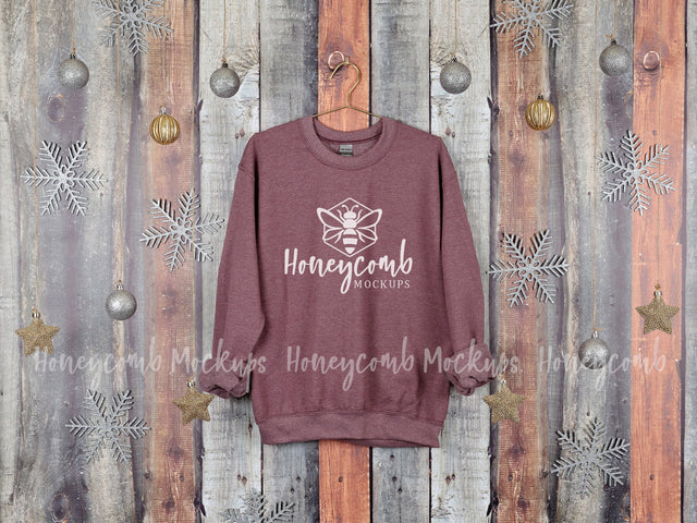 Christmas Mockup, Gildan 18000 Heather Sport Dark Maroon Sweatshirt Mockup, Hanging Mockup, Holiday Mockup Mock Up Photo Honeycomb Mockups 