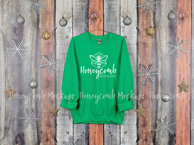 Christmas Mockup, Gildan 18000 Irish Green Sweatshirt Mockup, Hanging Mockup, Holiday Mockup Mock Up Photo Honeycomb Mockups 