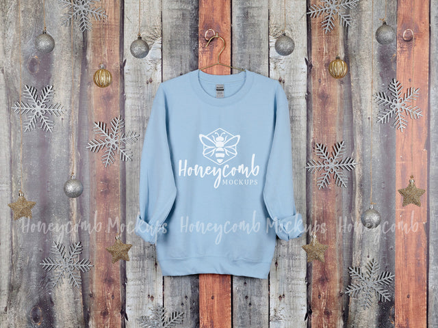 Christmas Mockup, Gildan 18000 Light Blue Sweatshirt Mockup, Hanging Mockup, Holiday Mockup Mock Up Photo Honeycomb Mockups 