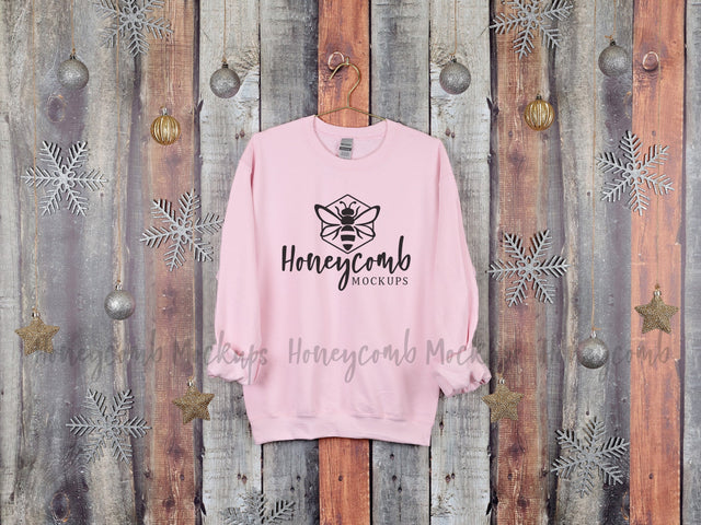 Christmas Mockup, Gildan 18000 Light Pink Sweatshirt Mockup, Hanging Mockup, Holiday Mockup Mock Up Photo Honeycomb Mockups 