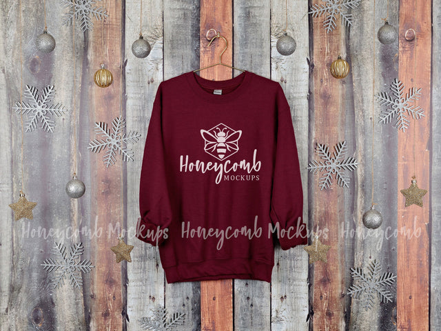 Christmas Mockup, Gildan 18000 Maroon Sweatshirt Mockup, Hanging Mockup, Holiday Mockup Mock Up Photo Honeycomb Mockups 