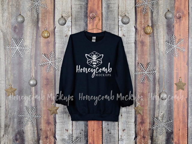 Christmas Mockup, Gildan 18000 Navy Sweatshirt Mockup, Hanging Mockup, Holiday Mockup Mock Up Photo Honeycomb Mockups 