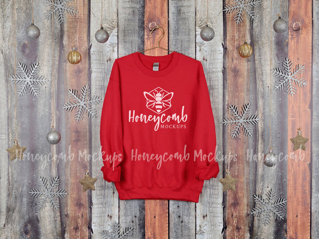 Christmas Mockup, Gildan 18000 Red Sweatshirt Mockup, Hanging Mockup, Holiday Mockup Mock Up Photo Honeycomb Mockups 
