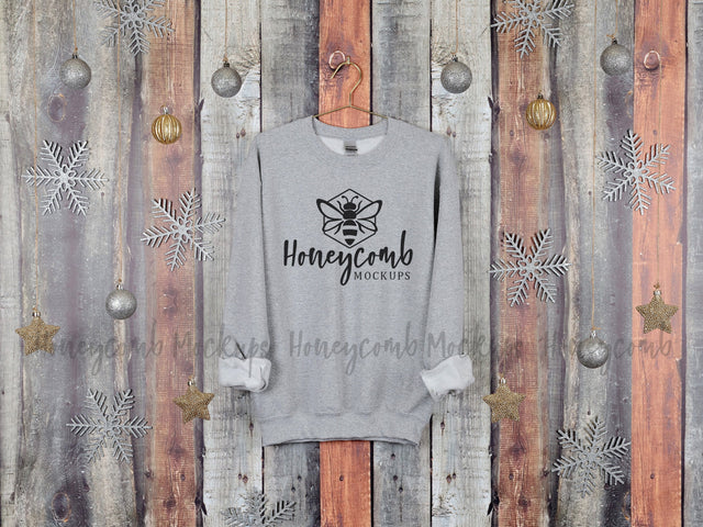 Christmas Mockup, Gildan 18000 Sport Grey Sweatshirt Mockup, Hanging Mockup, Holiday Mockup Mock Up Photo Honeycomb Mockups 