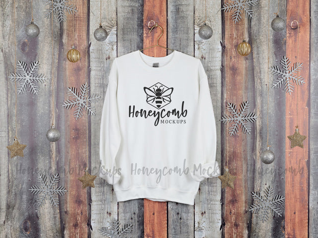 Christmas Mockup, Gildan 18000 White Sweatshirt Mockup, Hanging Mockup, Holiday Mockup Mock Up Photo Honeycomb Mockups 