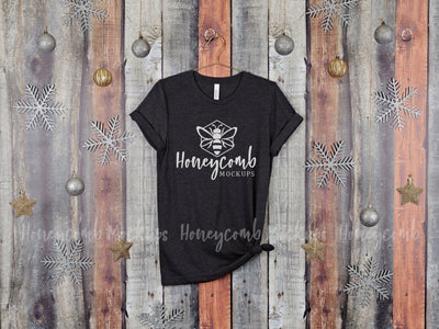 Christmas Mockup, Heather Dark Grey Bella Canvas 3001 T-Shirt Mockup, Hanging Mockup, Women's Heather Dark Grey T-Shirt Mockup, Holiday Mockup Mock Up Photo Honeycomb Mockups 