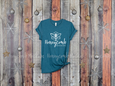 Christmas Mockup, Heather Deep Teal Bella Canvas 3001 T-Shirt Mockup, Hanging Mockup, Women's Heather Deep Teal T-Shirt Mockup, Holiday Mockup Mock Up Photo Honeycomb Mockups 