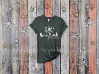 Christmas Mockup, Heather Forest Bella Canvas 3001 T-Shirt Mockup, Hanging Mockup, Women's Heather Forest T-Shirt Mockup, Holiday Mockup Mock Up Photo Honeycomb Mockups 